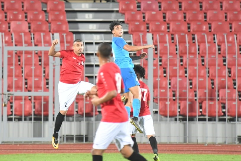 Ikhsan Fandi heads the ball against Yemen on 19 Nov 2019 Photo courtesy of Bahrain FA